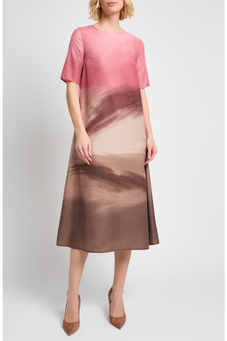 Shantung Landscape Midi Dress, Main, color, HONEY SUCKLE/ CHARMEUSE/ MULTI