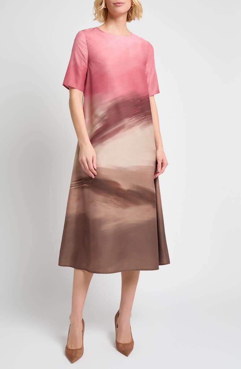 Misook Shantung Landscape Midi Dress, Main, color, Honey Suckle/ Charmeuse/ Multi