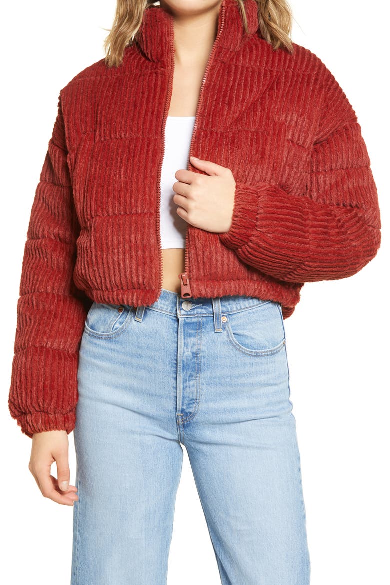 Fluffy Corduroy Crop Puffer Jacket, Main, color, RED