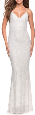 La Femme Luxurious Soft Sequin Dress with V Neckline