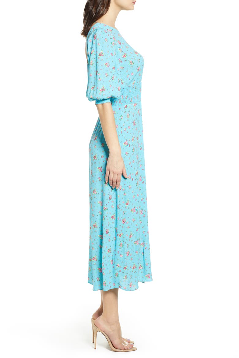 Print Smocked Waist Midi Dress, Alternate, color, BLUE ROSETTE