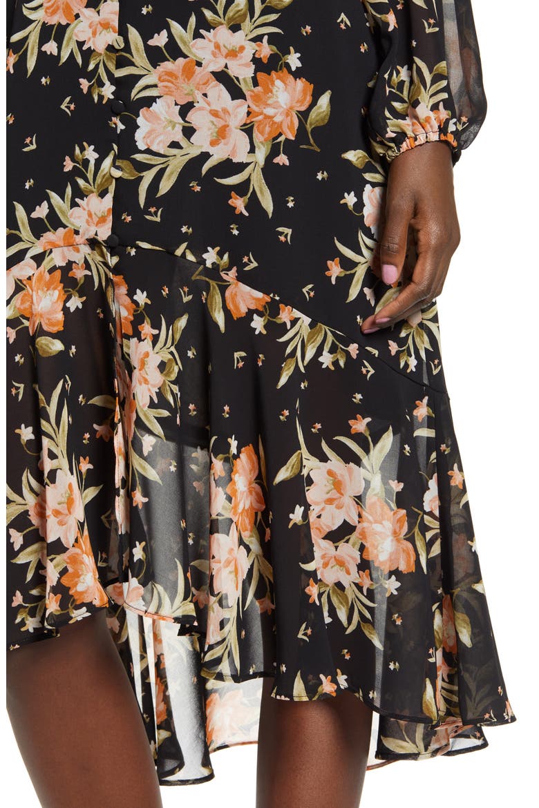 Button Front Midi Dress, Alternate, color, BLACK BLUSHING FLORAL