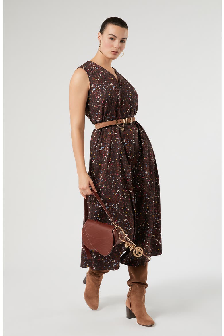 Print Cotton Sleeveless Dress, Alternate, color, BROWN