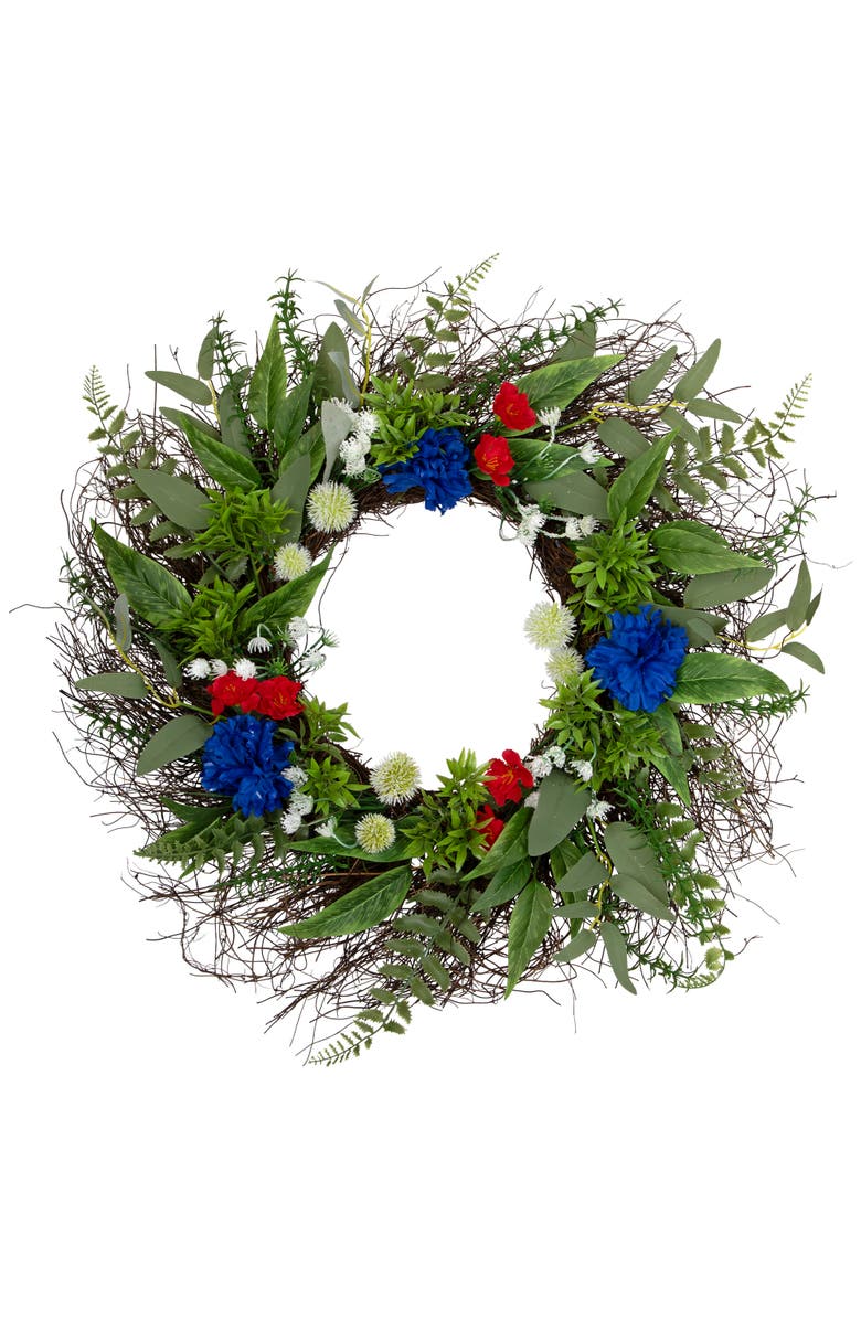 Northlight Americana Buttonbush and Carnation Floral Patriotic Wreath - 24", Main, color, 