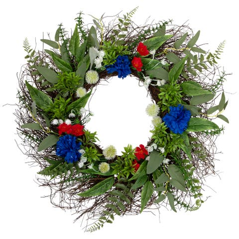 Americana Buttonbush and Carnation Floral Patriotic Wreath - 24"