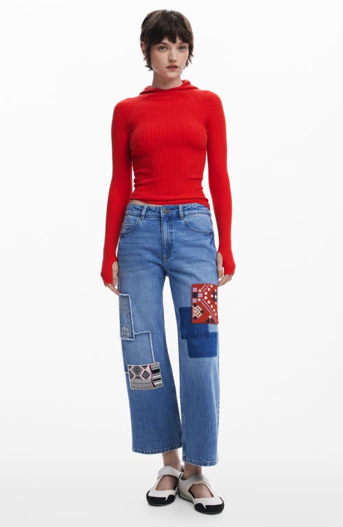 Desigual Embroidered Patch Crop Straight Leg Jeans In Medium Blue