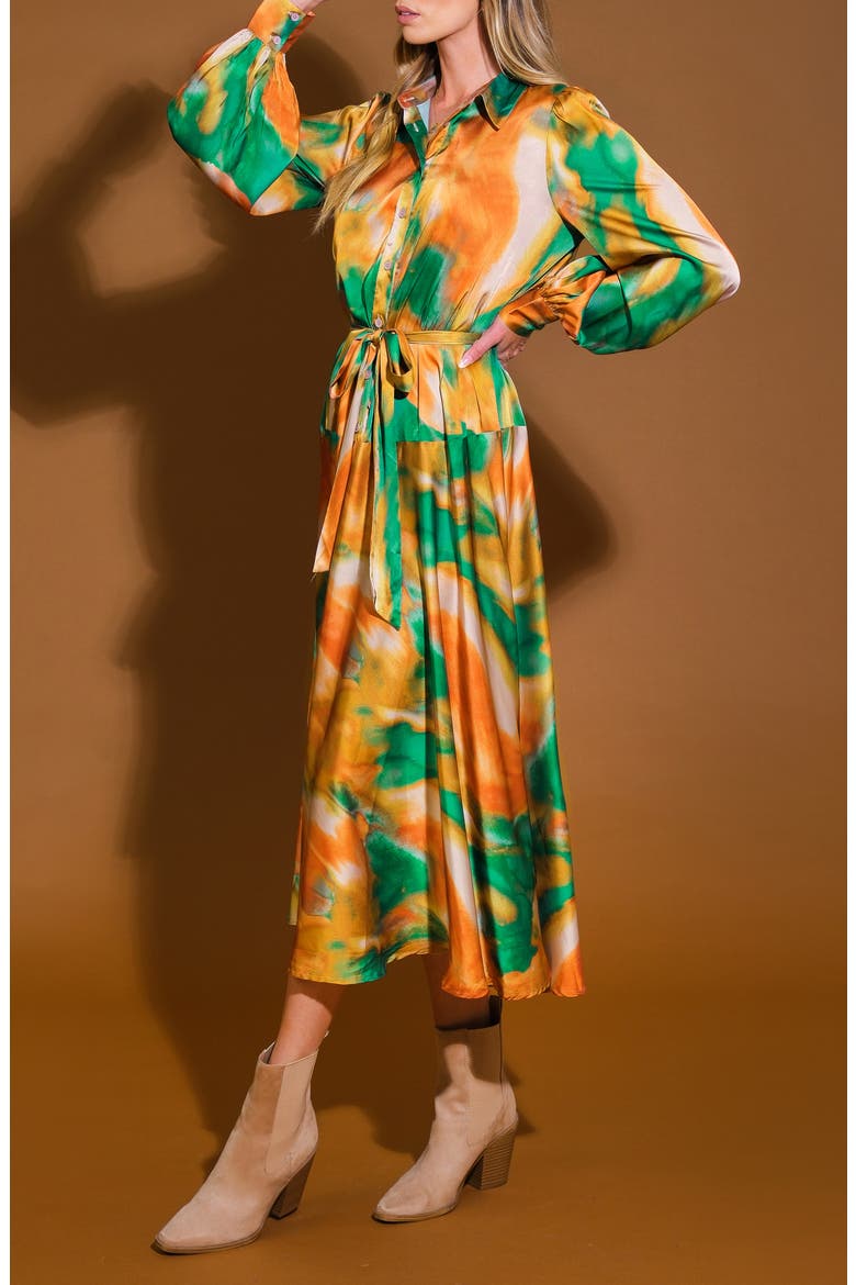 Wanna Be Loved Long Sleeve Tie Waist Shirtdress, Alternate, color, GREEN BROWN