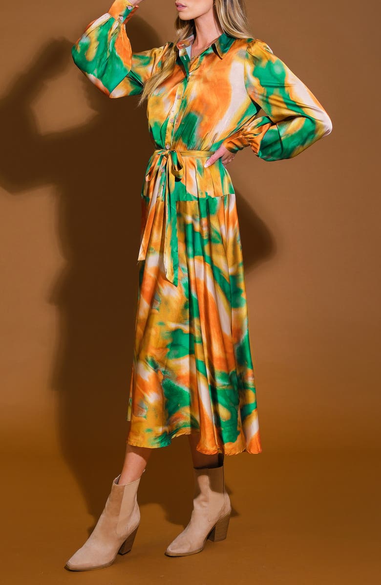 FLYING TOMATO Wanna Be Loved Long Sleeve Tie Waist Shirtdress, Alternate, color, Green Brown