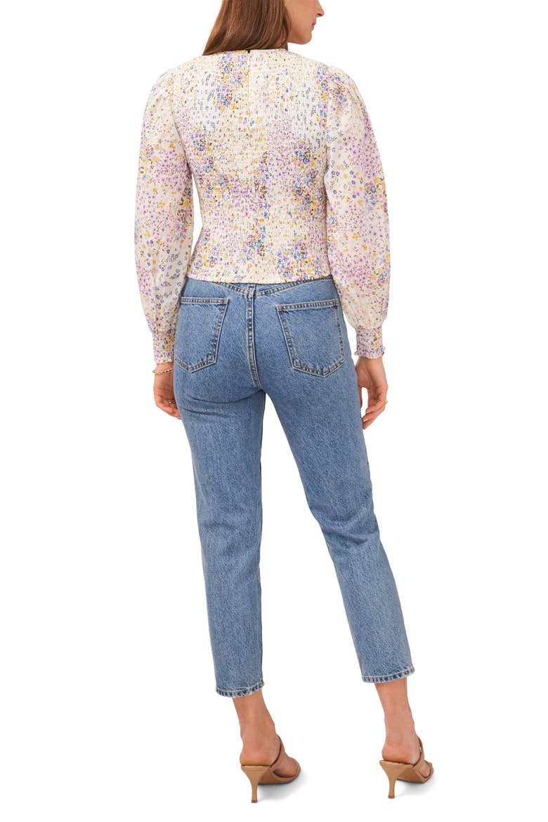 Floral Print Smocked Long Sleeve Cotton Top, Alternate, color, WHITE FLORAL