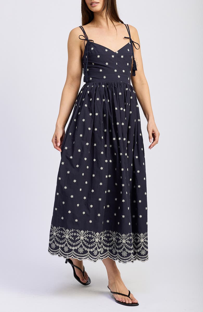 En Saison Nara Embroidery Detail Cotton Midi Sundress, Alternate, color, Navy Natural