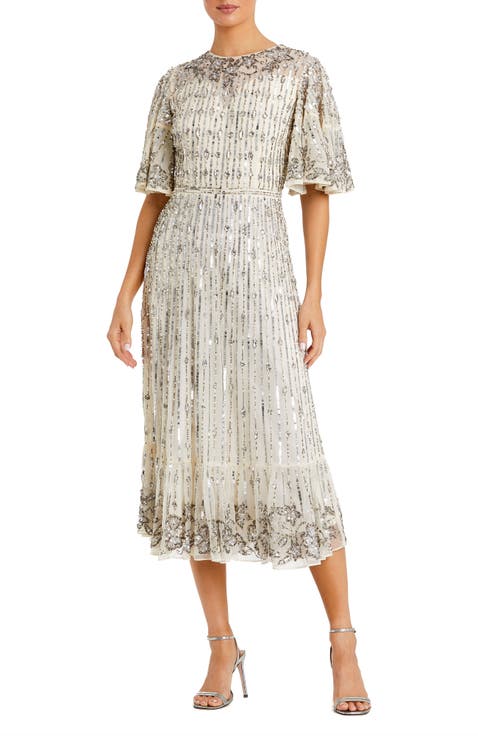 Sequin Flounce Sleeve Midi Dress