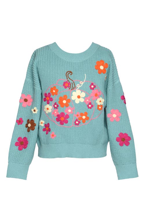 Truly Me Kids' Floral Appliqué Pumpkin Graphic Sweater in Teal  product