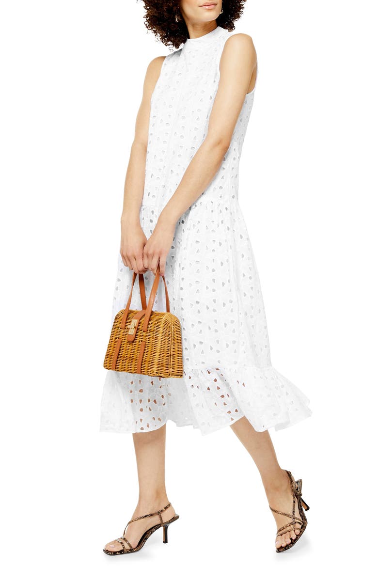 Chuck-On Broderie Sleeveless Midi Dress, Main, color, WHITE
