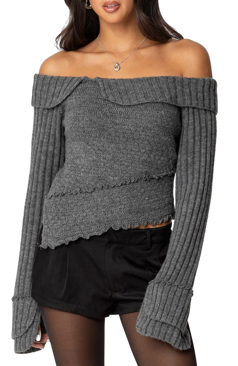 EDIKTED Mikkie Asymmetric Foldover Sweater, Main, color, Dark-Gray