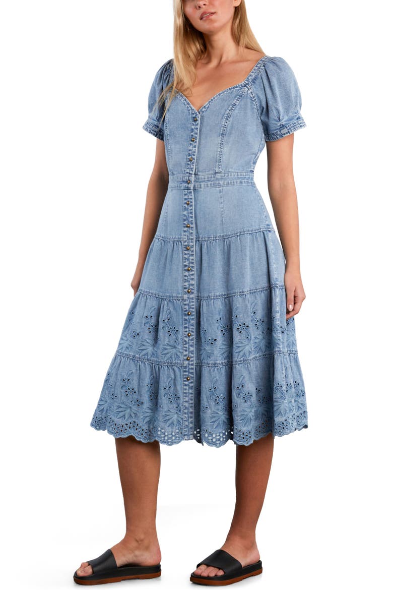 Ruby Eyelet Tiered Denim Midi Dress, Alternate, color, DENIM DREAM