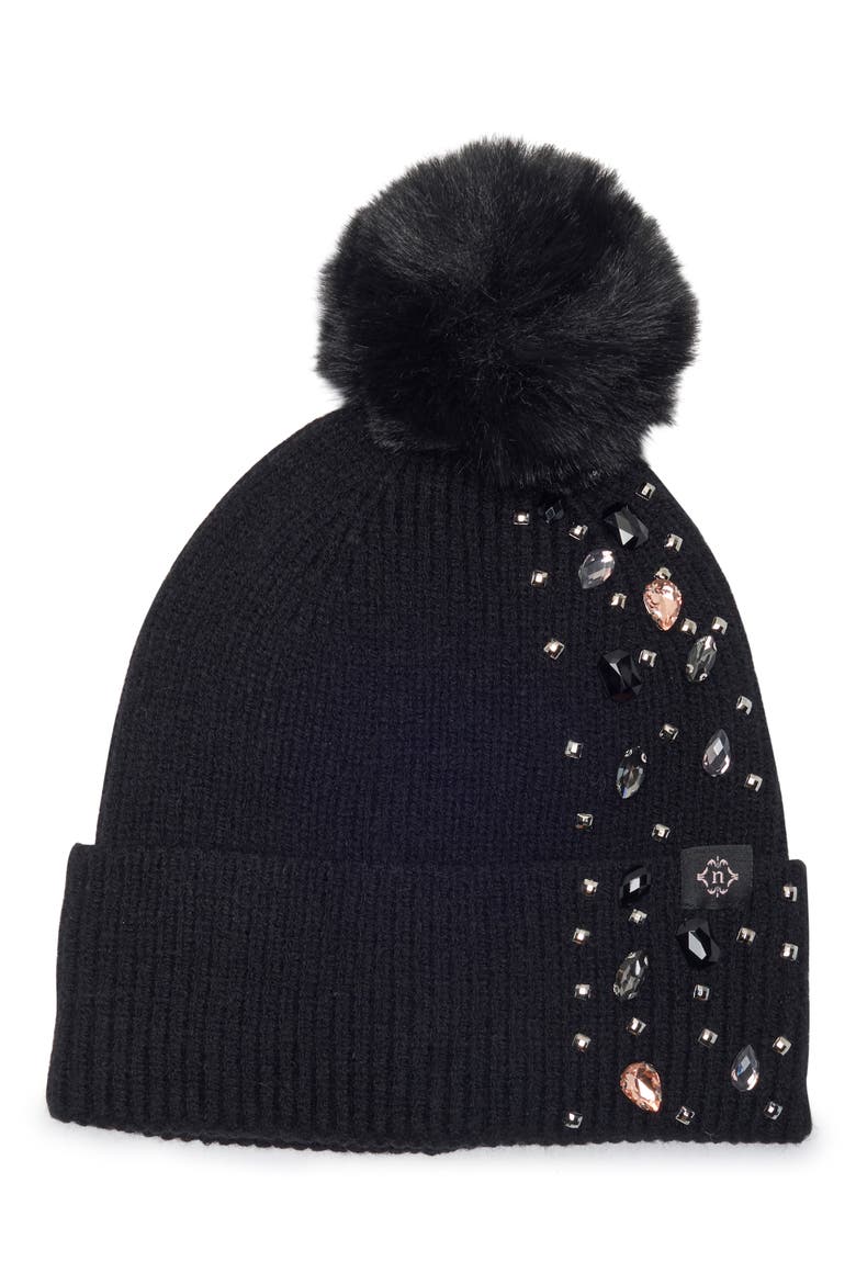 Mixed Cut Crystal Pom Beanie, Main, color, BLACK