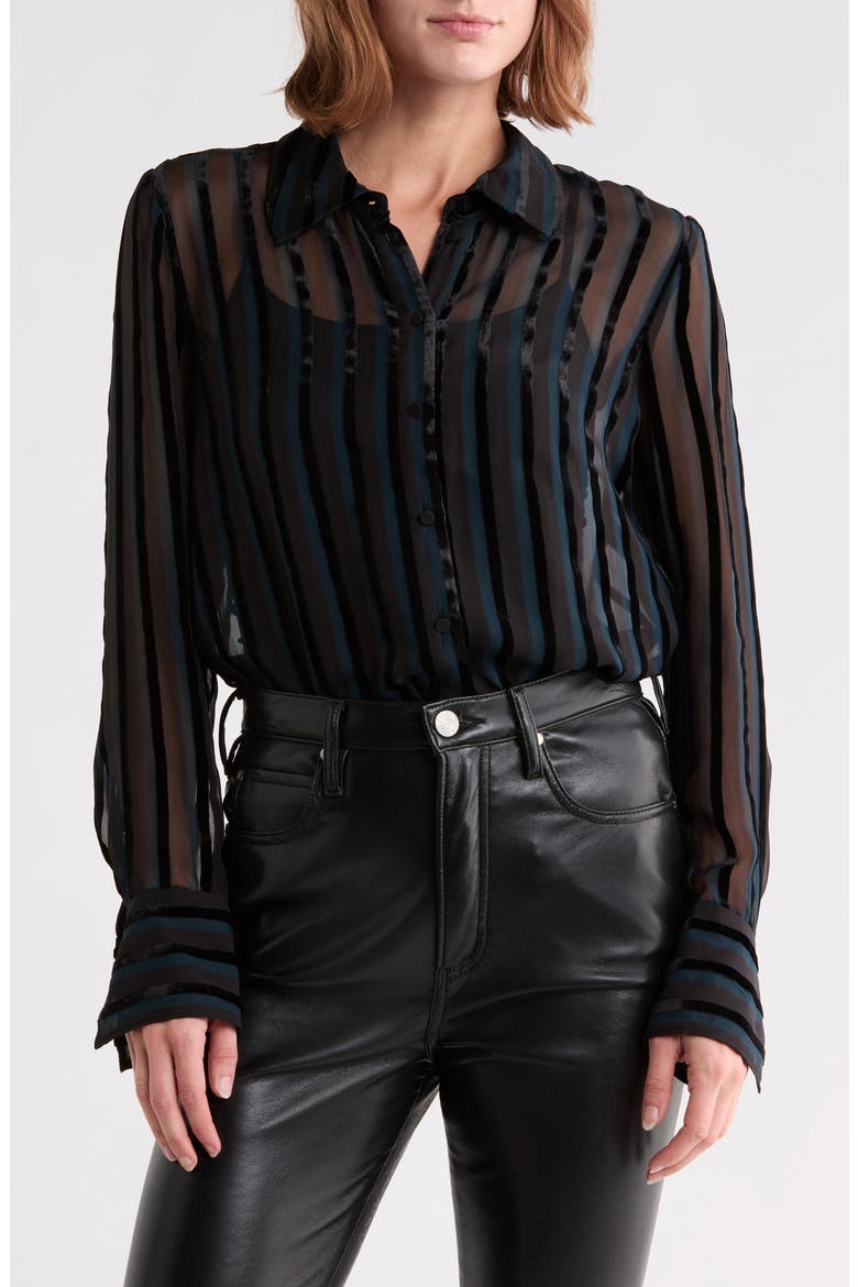 Mazzy Burnout Velvet Long Sleeve Shirt, Main, color, BLACK/ TEAL