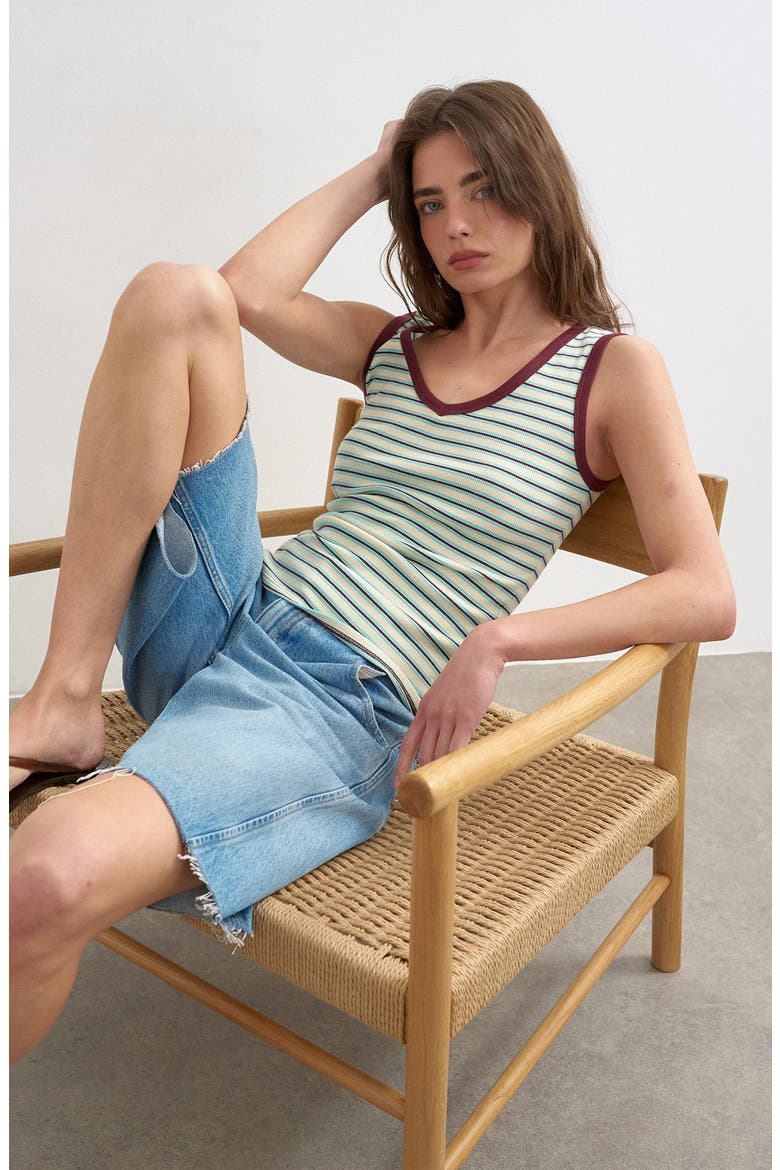 Stripe V-Neck Stretch Cotton Rib Tank, Alternate, color, BURGUNDY