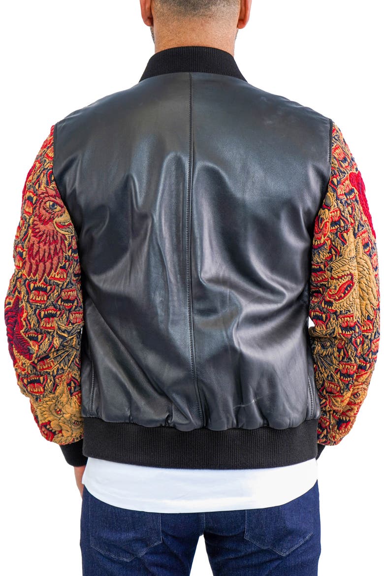 Dragon Sleeve Leather Bomber Jacket, Alternate, color, BLACK