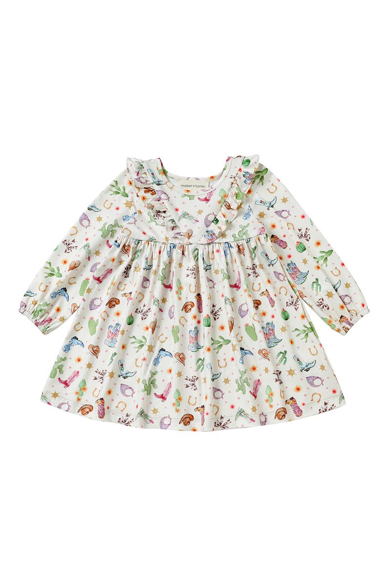 Cactus Kisses Long Sleeve Western Print Ruffle Yoke Dress, Alternate, color, Blue