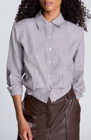 Kenneth Cole Striped Cropped Cotton Button Down Shirt