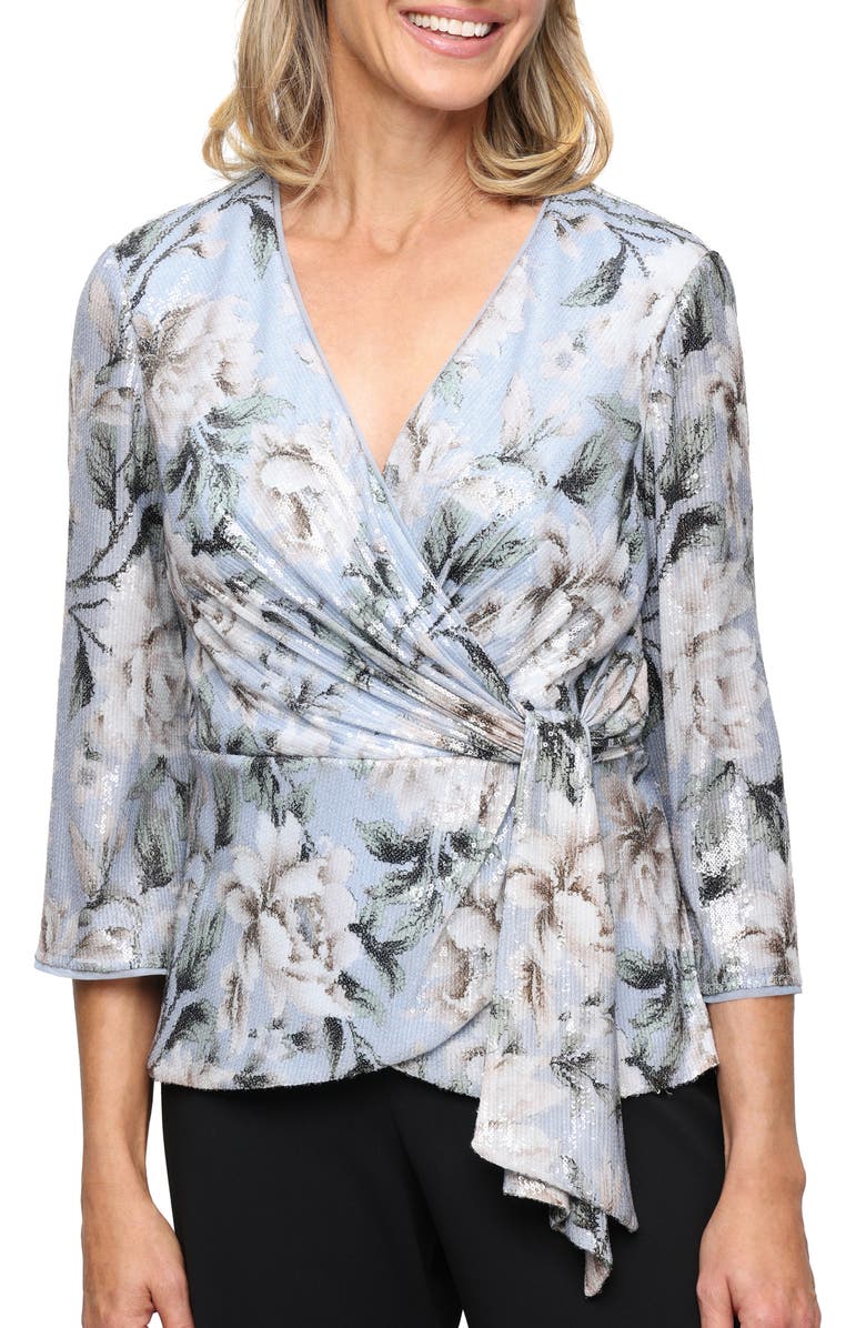 Alex Evenings Floral Sequin Top, Main, color, Hydro Multi