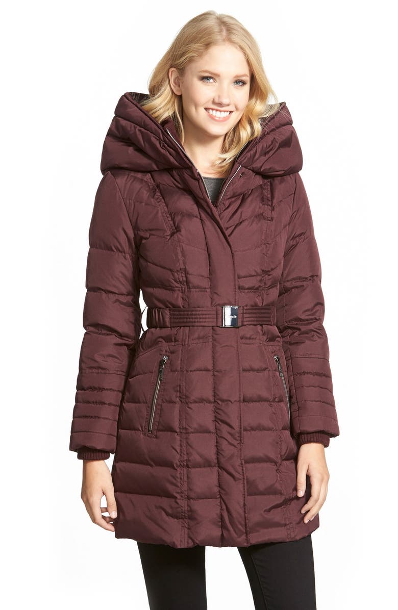 Kensie Belted Hooded Down & Feather Fill Coat, Main, color, 
