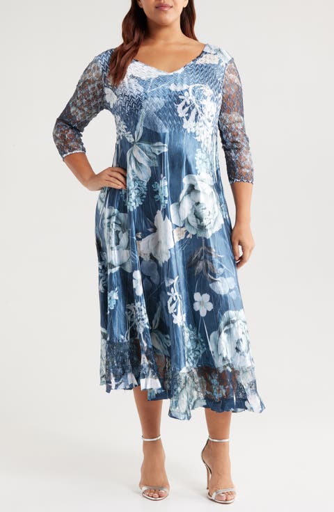 Lace Sleeve Charmeuse 
Chiffon Cocktail Dress (Plus)