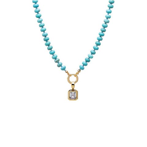 Colored Natural Stone Beaded /CZ Emerald Bezel Charm Necklace