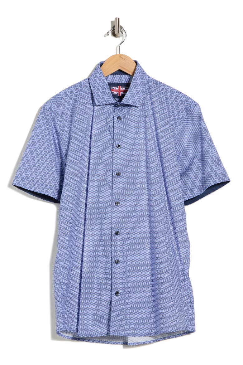 Geometric Print Stretch Cotton Short Sleeve Sport Shirt, Main, color, NAVY