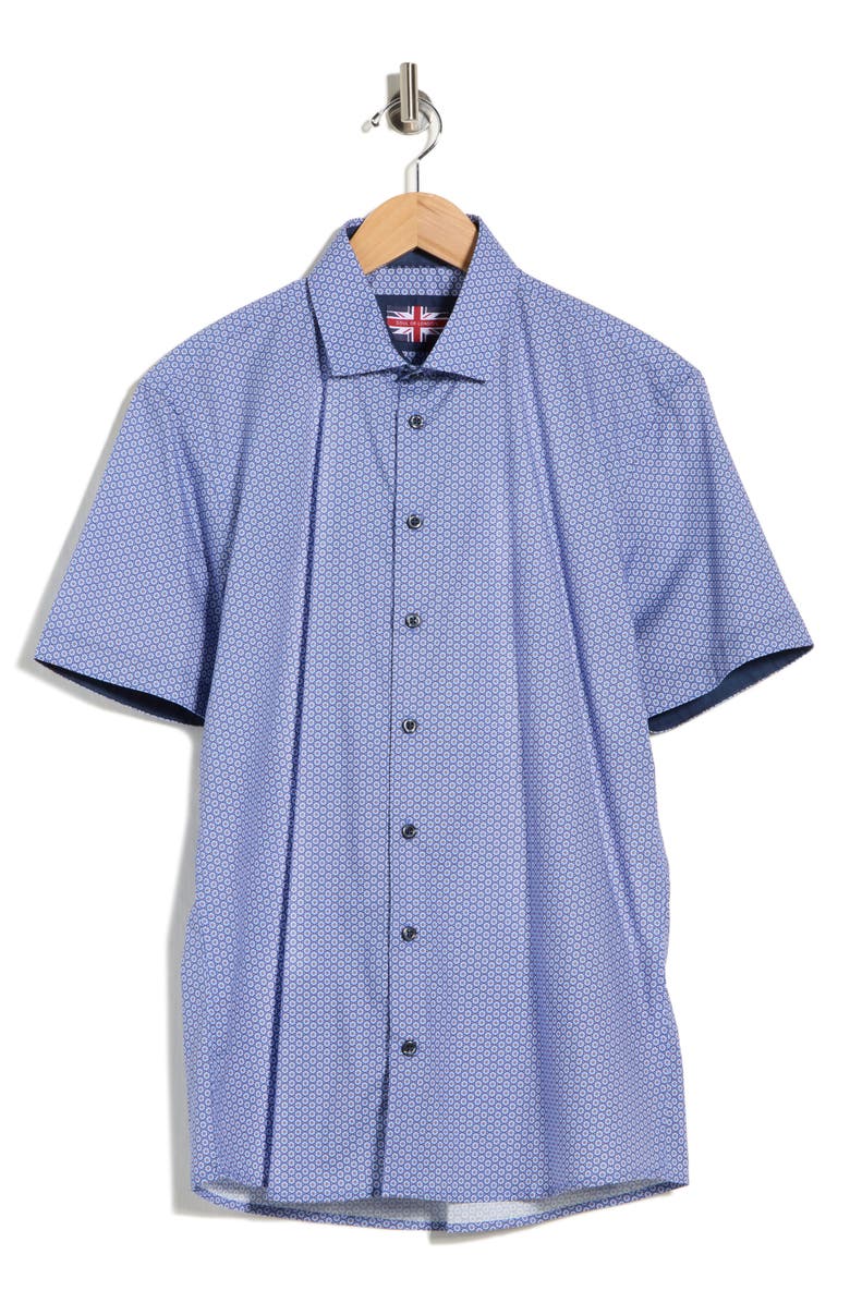 SOUL OF LONDON Geometric Print Stretch Cotton Short Sleeve Sport Shirt, Main, color, Navy
