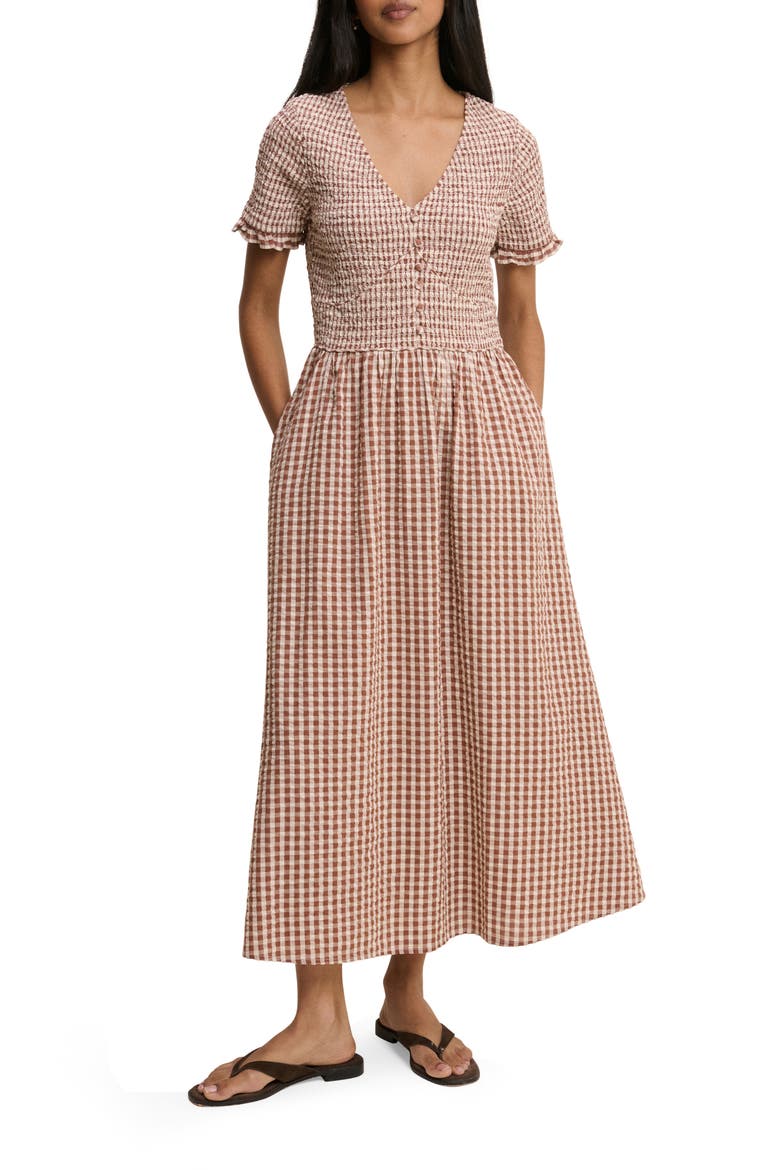 Eliza Smocked Gingham Maxi Dress, Main, color, BROWN