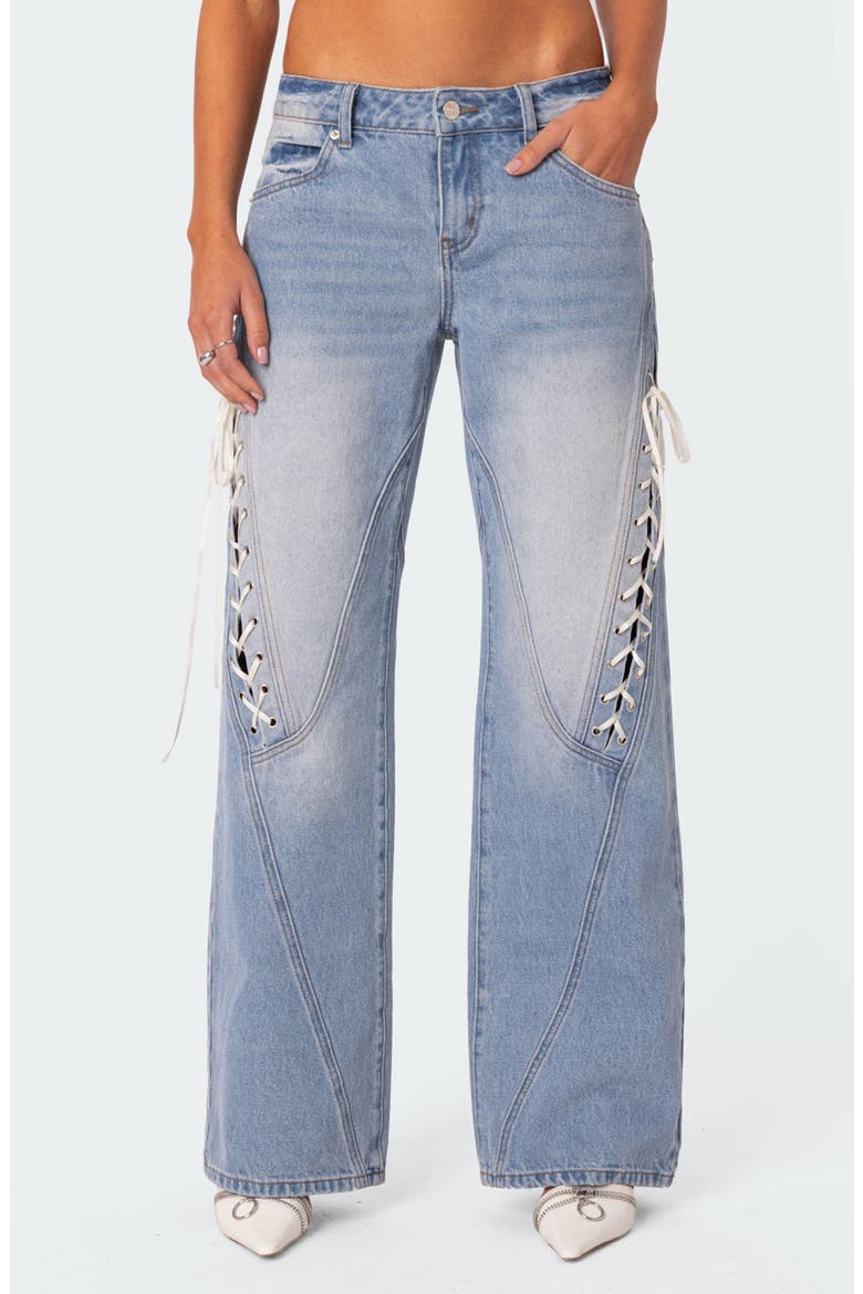 Lace-Up Low Rise Wide Leg Jeans, Main, color, LIGHT-BLUE