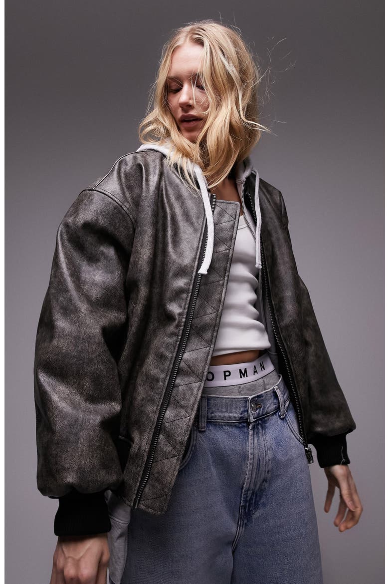 Faux Leather Bomber Jacket, Main, color, BROWN