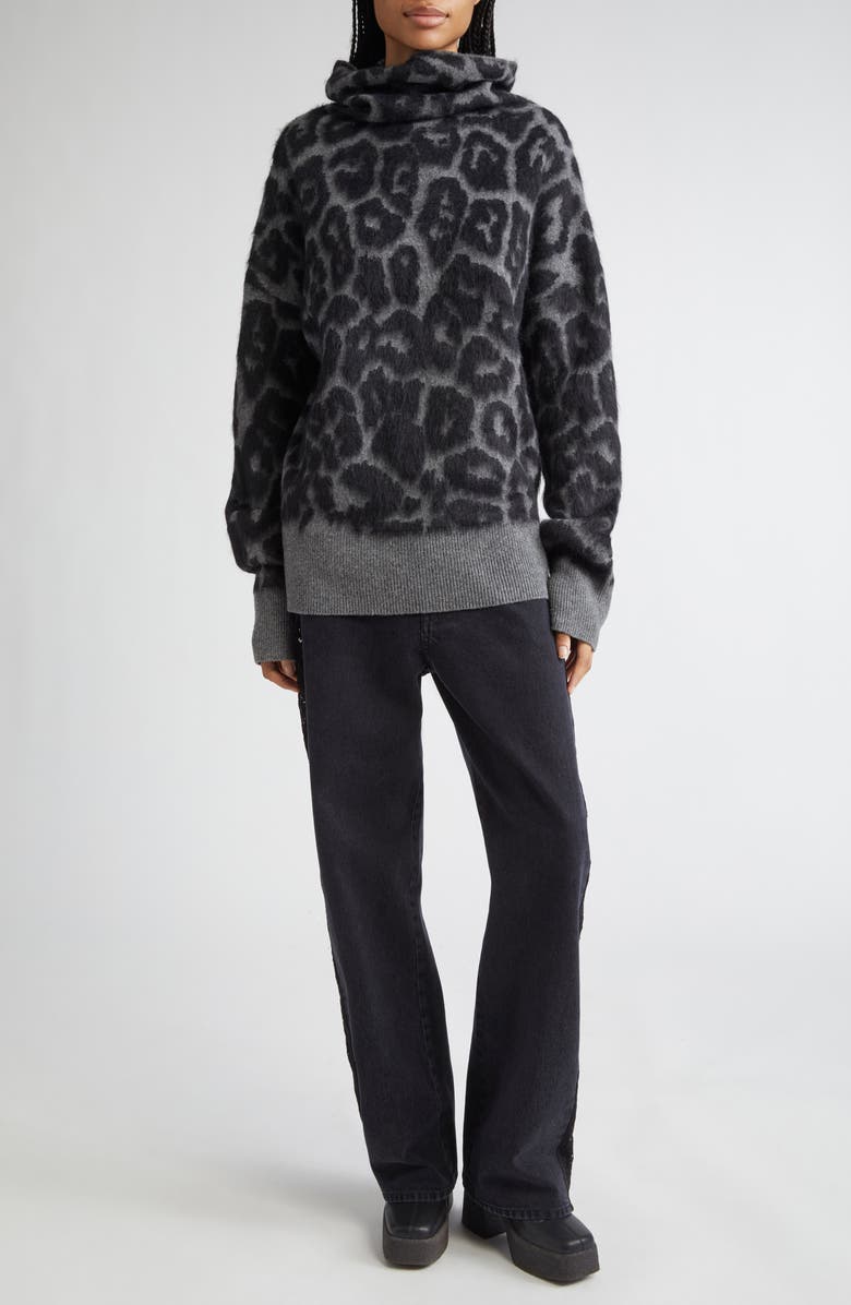 Stella McCartney Leopard Jacquard Virgin Wool Funnel Neck Sweater, Alternate, color, 1010 - Black/ Grey