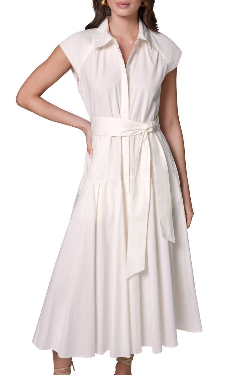 Donna Karan New York Tie Waist Stretch Poplin Midi Dress, Alternate, color, Cream