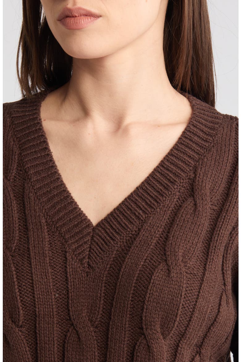 Cable Knit V-Neck Crop Sweater, Alternate, color, DARK COFFEE