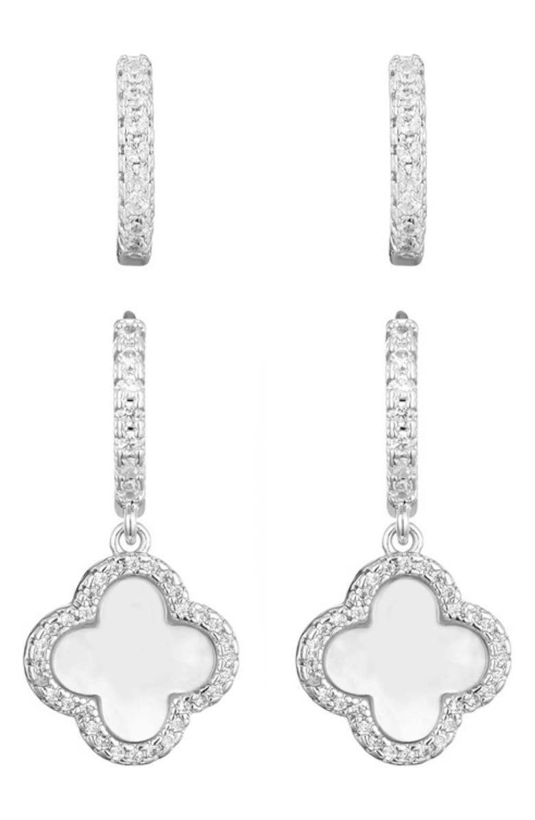 Adornia Set of 2 Halo Mother-of-Pearl Hoop Earrings, Alternate, color, Silver-White