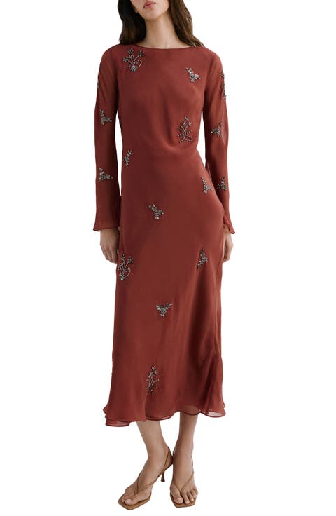 Embellished Long Sleeve Midi Dress