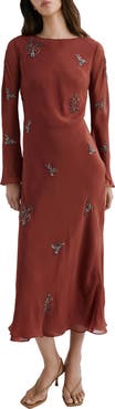 MANGO Embellished Long Sleeve Midi Dress