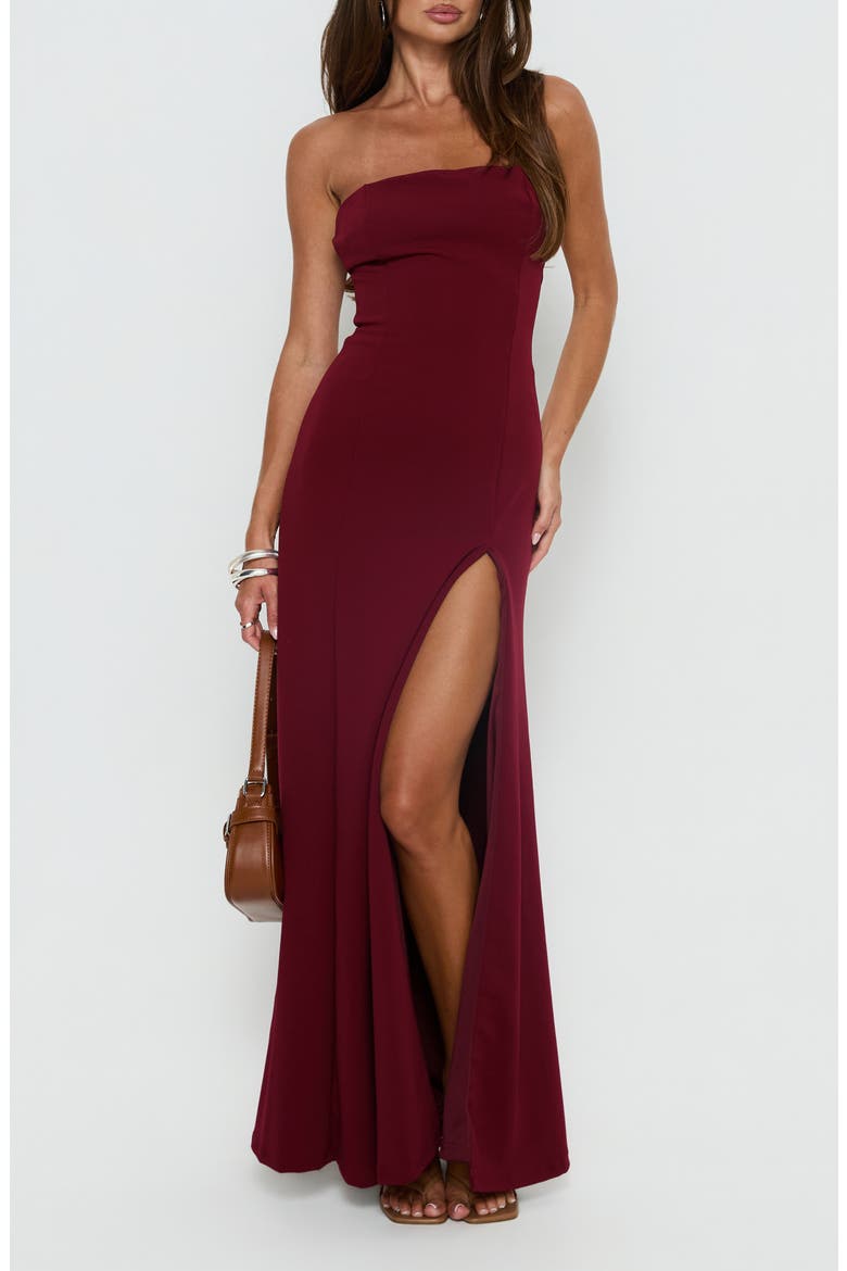 Diamanti High Slit Strapless Gown, Main, color, BURGUNDY