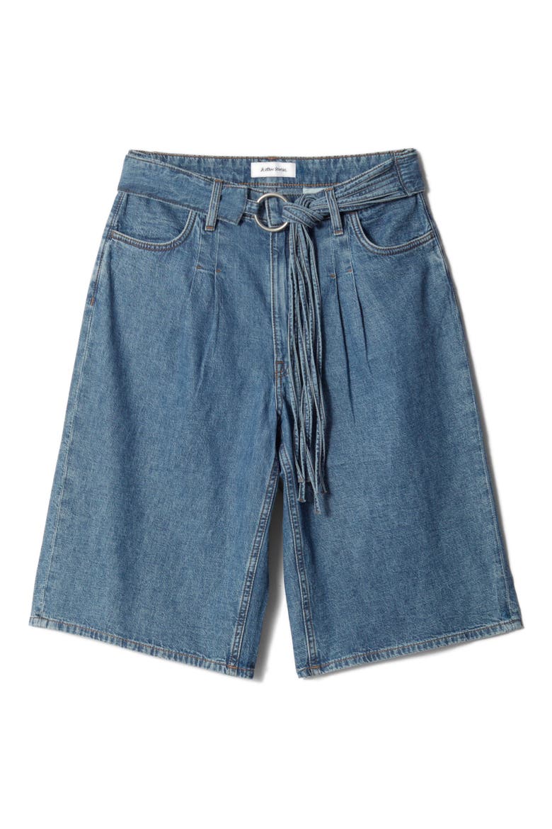 Belted Longer Length Denim Shorts, Alternate, color, BLUE MEDIUM DUSTY