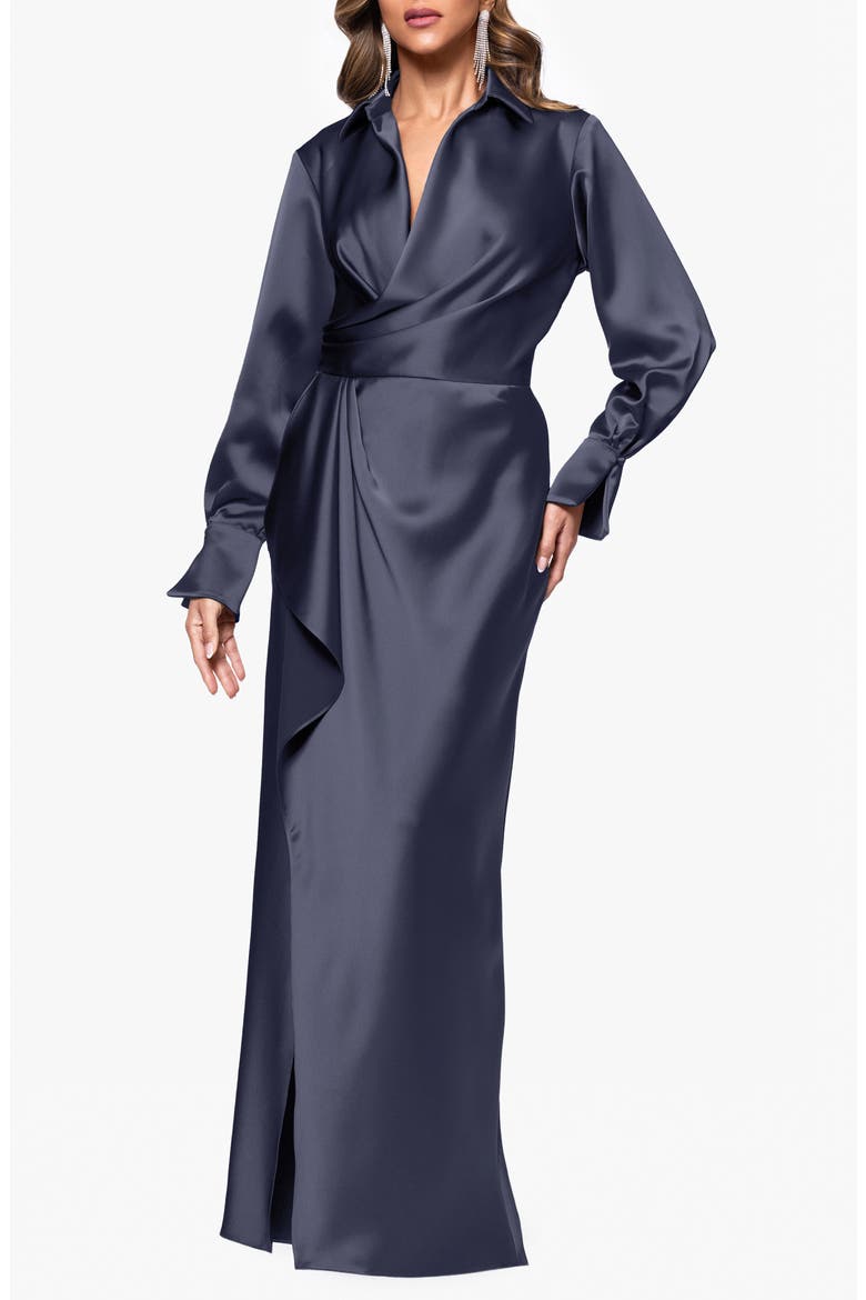 Collar Long Sleeve Satin Gown, Main, color, NAVY