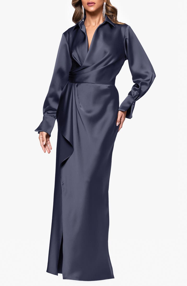 Xscape Evenings Collar Long Sleeve Satin Gown, Main, color, Navy