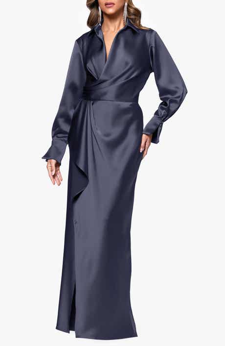 Xscape Evenings Collar Long Sleeve Satin Gown