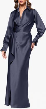 Xscape Evenings Collar Long Sleeve Satin Gown