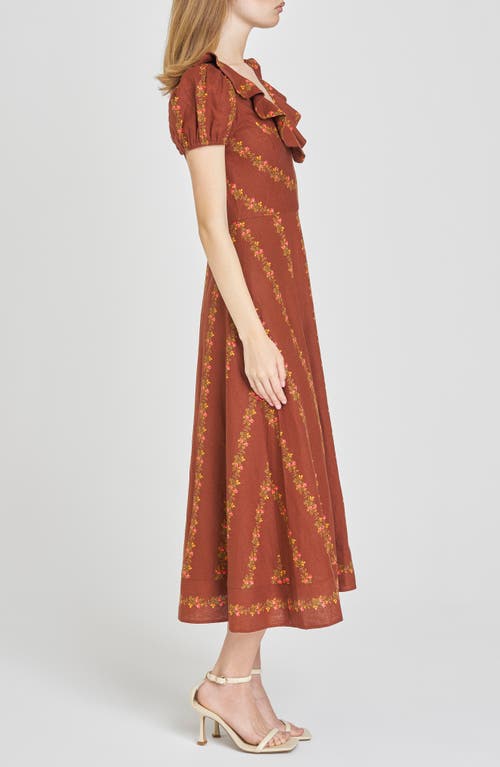 Wayf Fern Floral Linen Blend Midi Dress In Brown