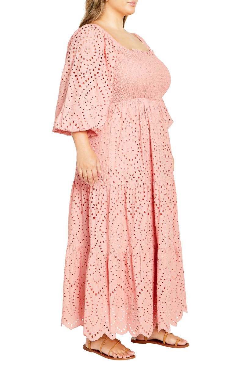 City Chic Eyelet Three-Quarter Sleeve Maxi Dress, Alternate, color, Peachy