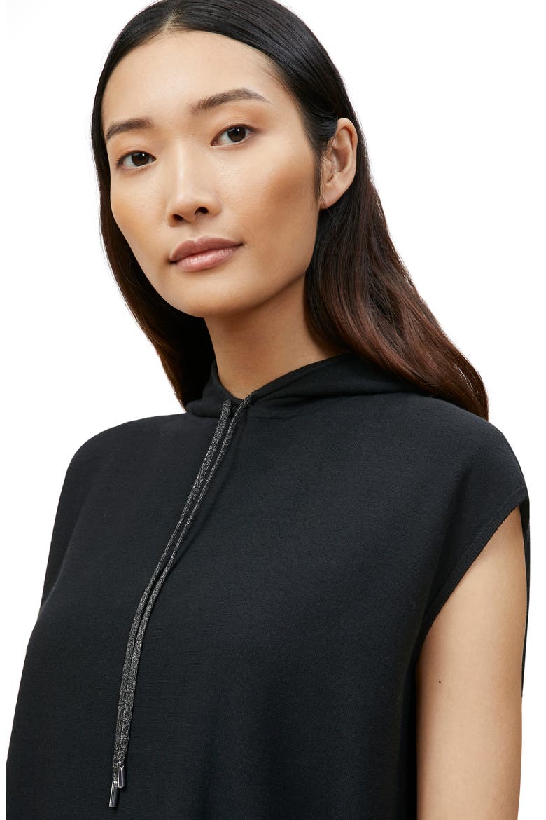 Metallic Trim Matte Crepe Sweater Hoodie, Alternate, color, BLACK