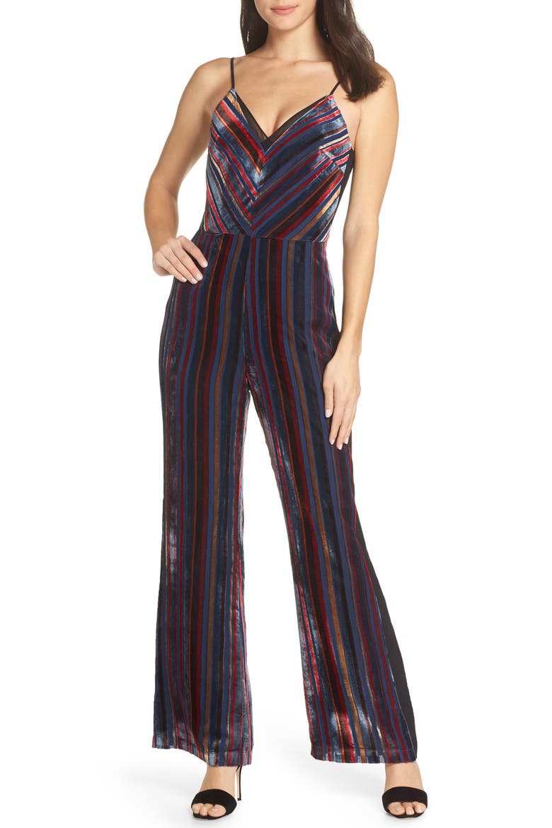 Stripe Velvet Jumpsuit, Main, color, NAVY MULTI